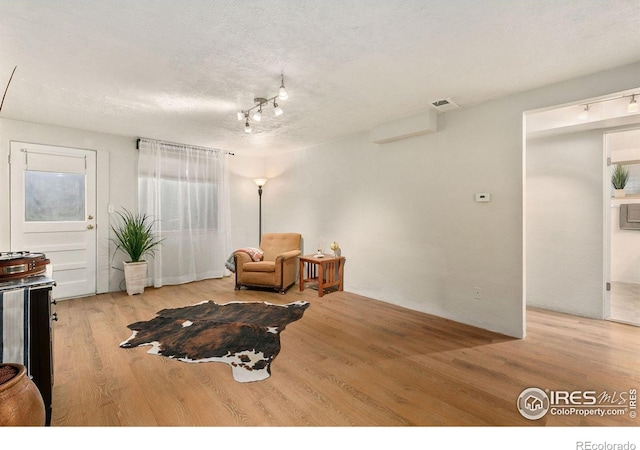 living area featuring light wood-type flooring, a textured ceiling, and track lighting