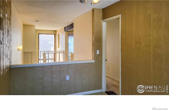 interior space with carpet floors and a textured ceiling