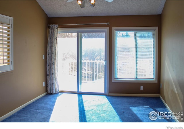 carpeted spare room featuring baseboards and a textured ceiling