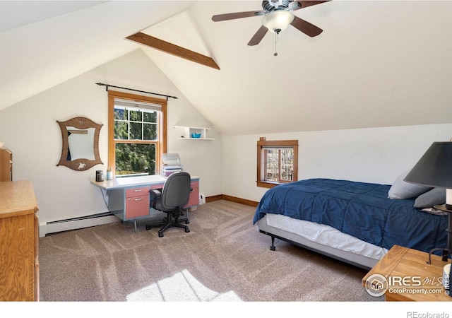 bedroom with ceiling fan, carpet floors, vaulted ceiling, and a baseboard heating unit