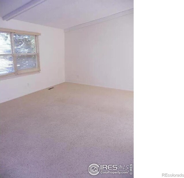 carpeted spare room featuring beamed ceiling