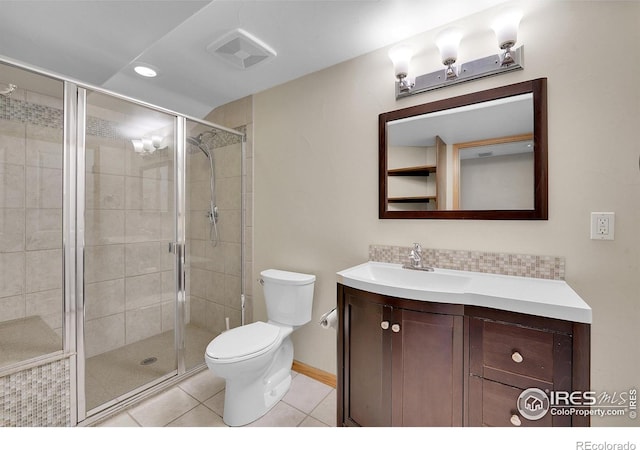 bathroom with walk in shower, vanity, toilet, and tile patterned flooring