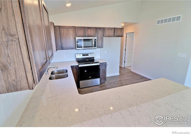 kitchen with lofted ceiling, sink, appliances with stainless steel finishes, and dark wood-type flooring