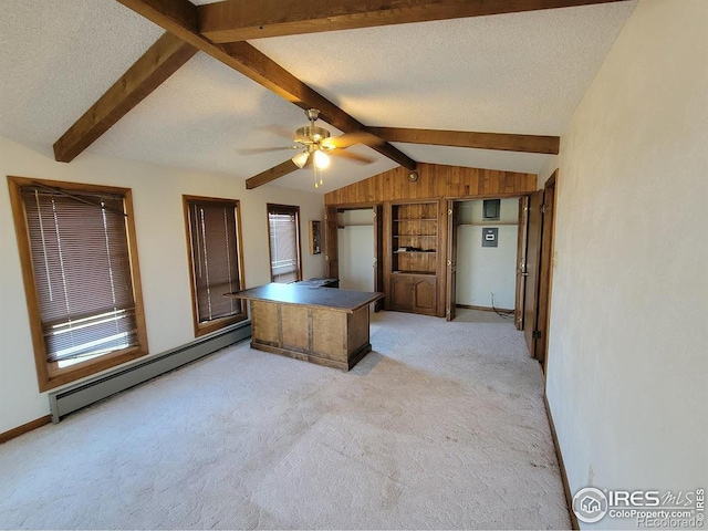 interior space featuring baseboard heating, a textured ceiling, light colored carpet, ceiling fan, and lofted ceiling with beams