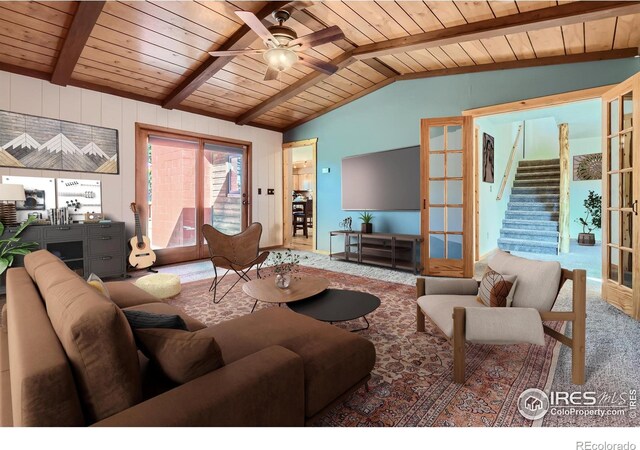 living room with wood ceiling, carpet, vaulted ceiling with beams, ceiling fan, and french doors