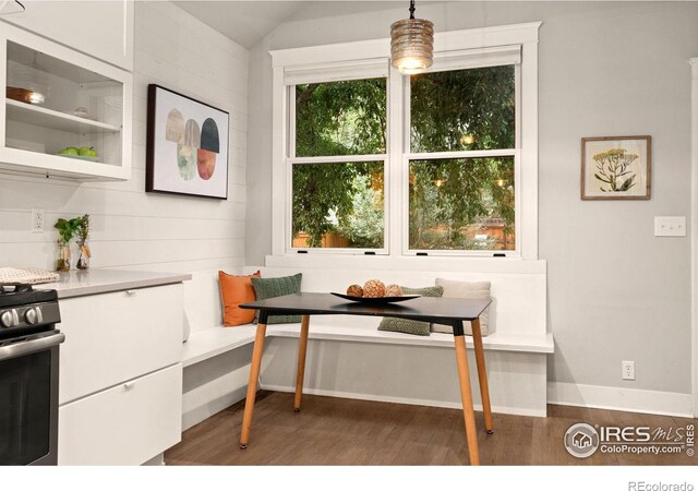 office space with dark hardwood / wood-style floors and lofted ceiling