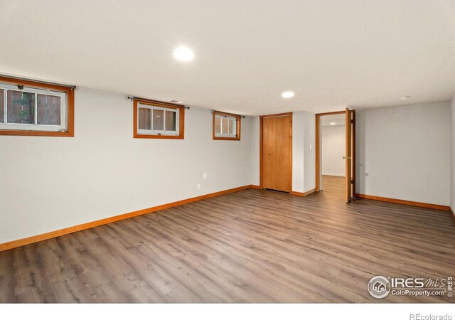 basement with hardwood / wood-style floors