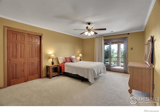 bedroom featuring light carpet, access to outside, ornamental molding, and visible vents