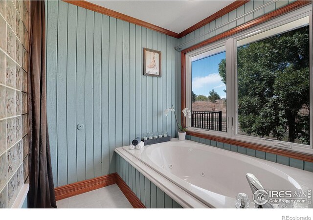 bathroom with crown molding, tile patterned flooring, and a bath