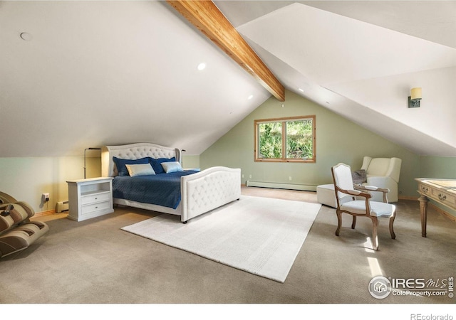 carpeted bedroom featuring vaulted ceiling with beams and a baseboard radiator