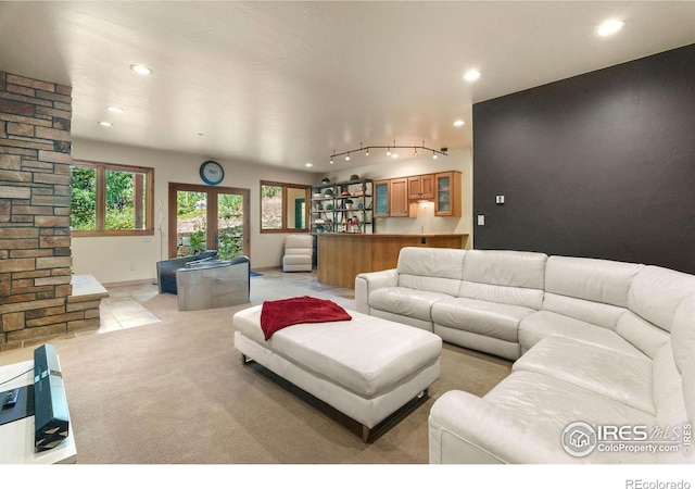 living room featuring light colored carpet and track lighting