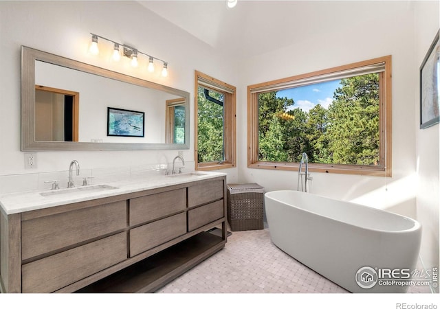 bathroom with tile patterned flooring, plenty of natural light, a bathing tub, and dual vanity