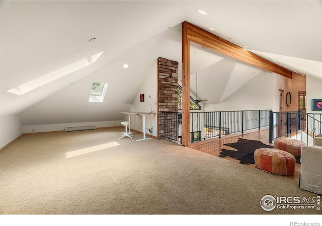 bonus room featuring recessed lighting, carpet floors, visible vents, baseboards, and lofted ceiling with skylight