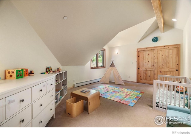 bedroom featuring lofted ceiling with beams, a baseboard heating unit, and light carpet