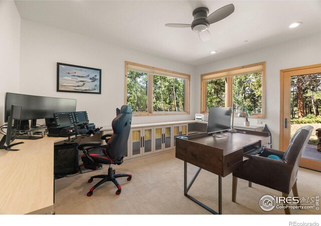 carpeted office space featuring ceiling fan