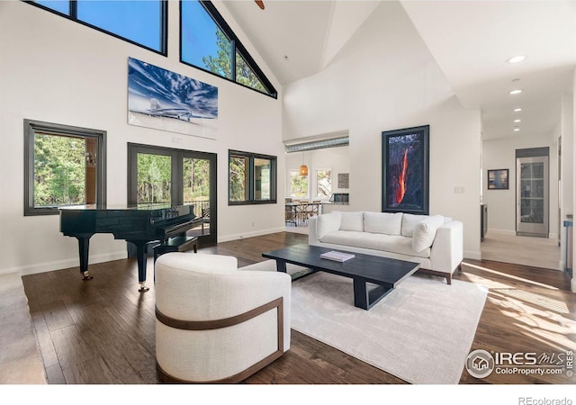 living room with high vaulted ceiling, dark hardwood / wood-style flooring, and french doors