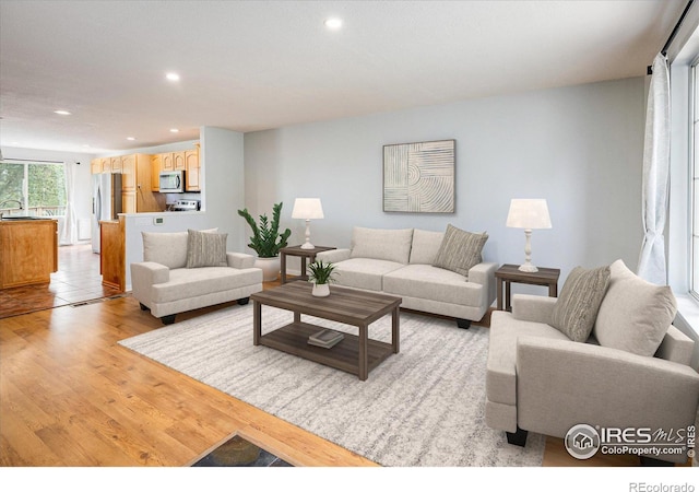 living room with light wood-type flooring and recessed lighting