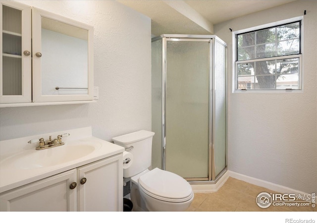 bathroom with a textured wall, toilet, a shower stall, vanity, and tile patterned floors