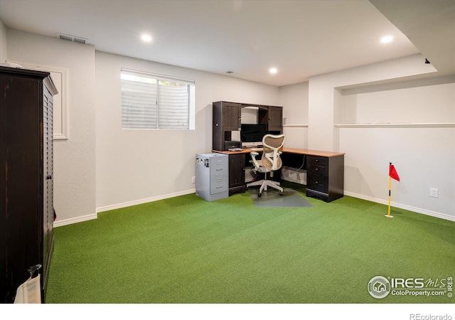 home office with dark colored carpet, visible vents, baseboards, and recessed lighting