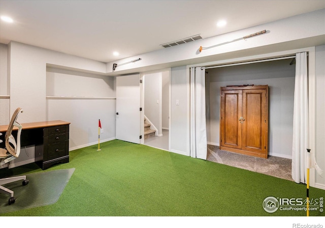 carpeted home office featuring baseboards, visible vents, and recessed lighting