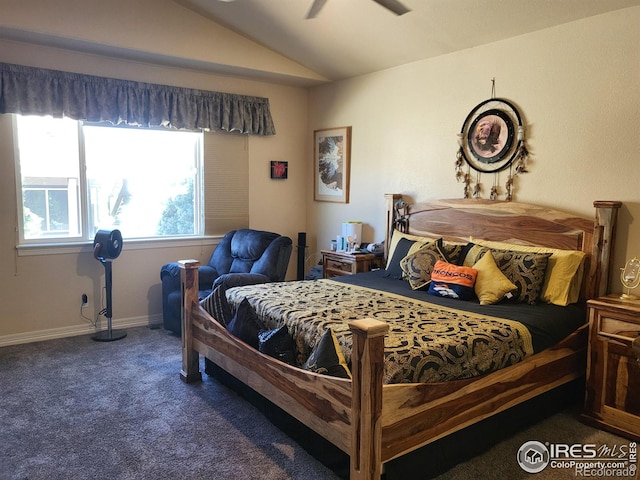 carpeted bedroom featuring ceiling fan, baseboards, and vaulted ceiling