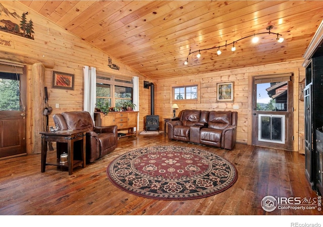 living room featuring wood walls, hardwood / wood-style flooring, a wood stove, and a healthy amount of sunlight