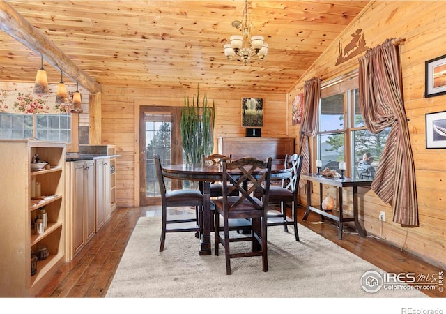 dining area featuring wooden ceiling, vaulted ceiling, hardwood / wood-style floors, and wooden walls