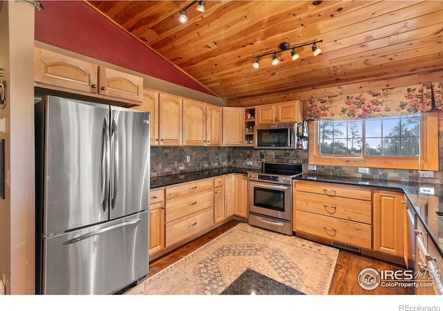 kitchen featuring tasteful backsplash, appliances with stainless steel finishes, wooden ceiling, rail lighting, and lofted ceiling