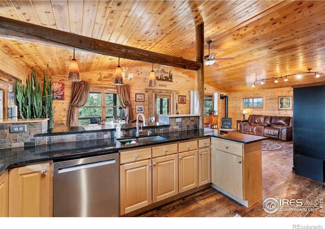 kitchen with ceiling fan, stainless steel dishwasher, pendant lighting, wood walls, and sink