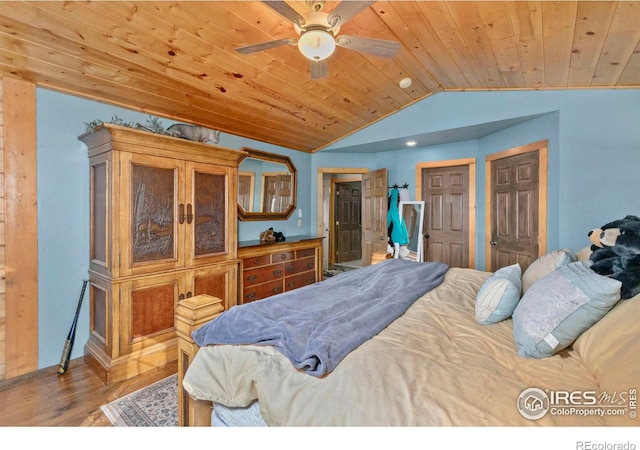 bedroom with ceiling fan, wooden ceiling, wood-type flooring, and lofted ceiling