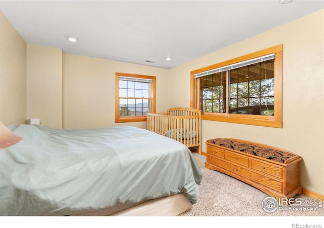 carpeted bedroom with multiple windows