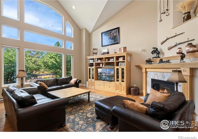 living room with hardwood / wood-style floors, high vaulted ceiling, and a fireplace