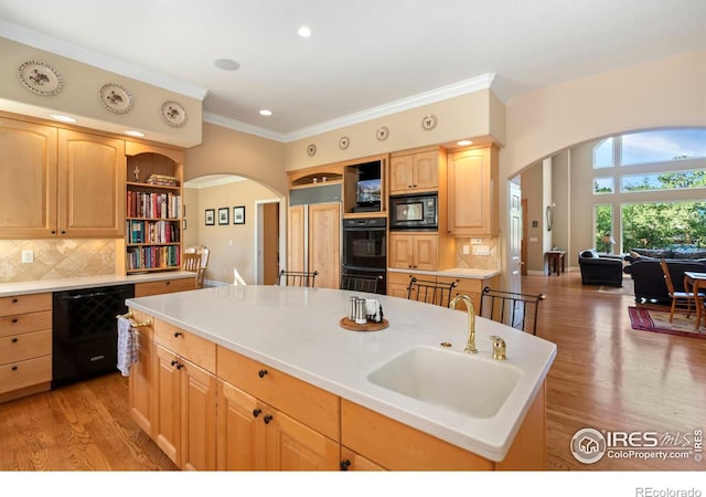 kitchen featuring backsplash, light hardwood / wood-style flooring, sink, black appliances, and a kitchen island