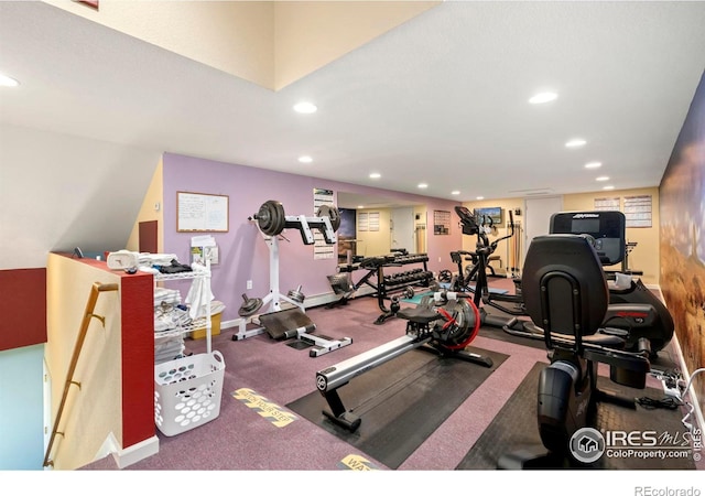 workout area with carpet flooring