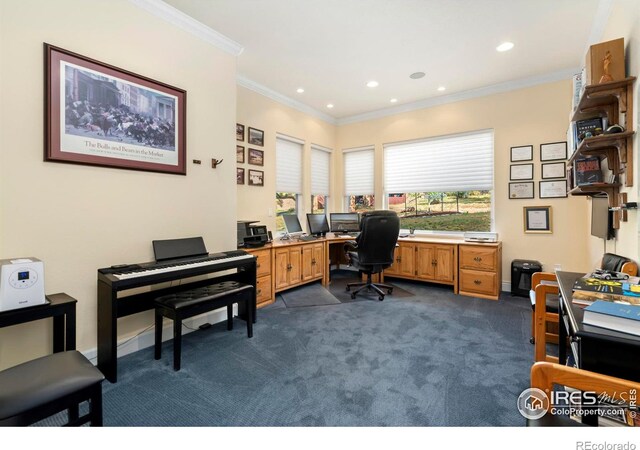 carpeted office space with crown molding