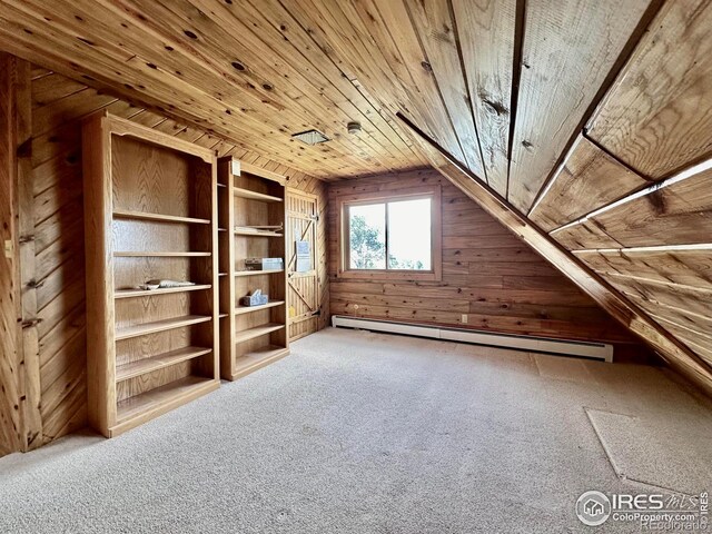 additional living space with wooden walls, vaulted ceiling, carpet floors, wooden ceiling, and a baseboard radiator