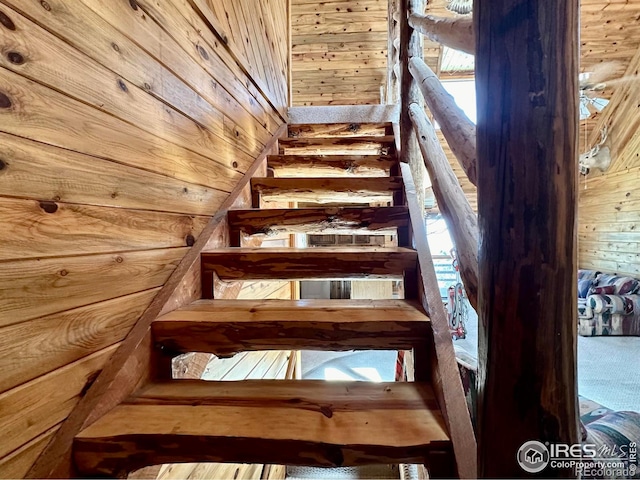 staircase with wooden walls and a healthy amount of sunlight