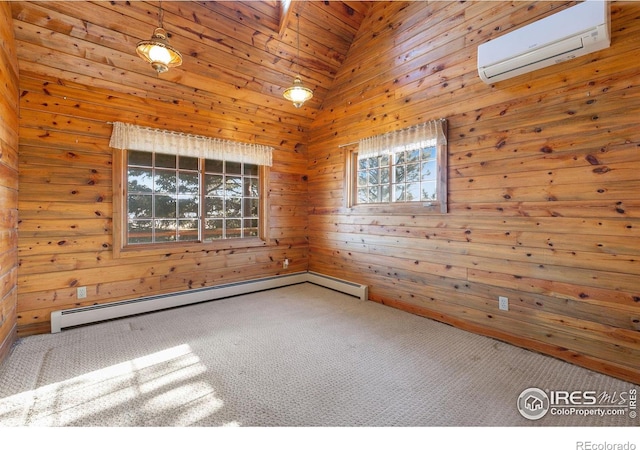 carpeted spare room featuring a baseboard radiator, high vaulted ceiling, a wall mounted AC, and wood walls