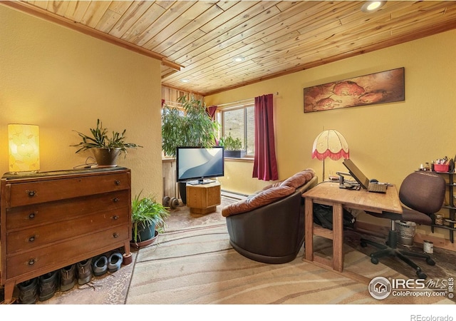 carpeted home office with wooden ceiling