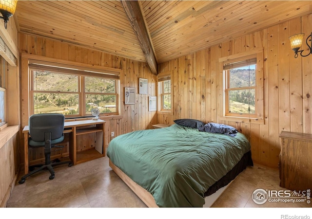 bedroom featuring wood ceiling, beam ceiling, wooden walls, and a wall unit AC