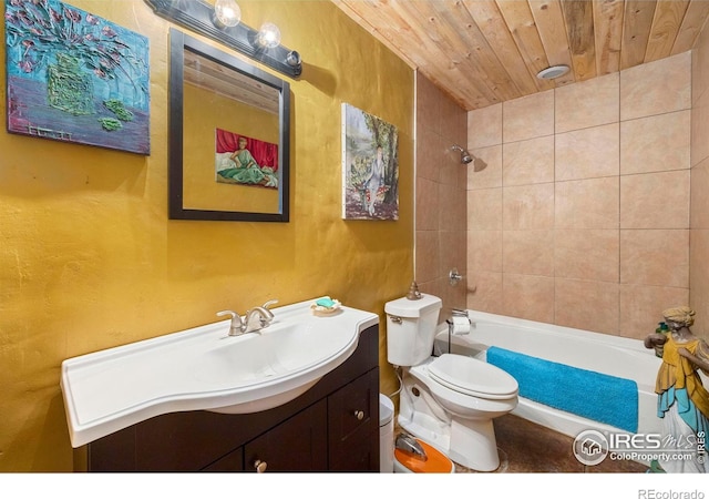 full bathroom with wooden ceiling, tiled shower / bath combo, toilet, and vanity