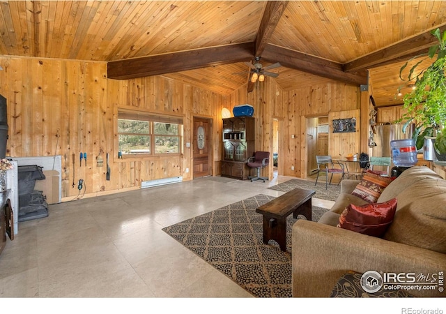 living room featuring ceiling fan, a baseboard radiator, wooden ceiling, and wooden walls