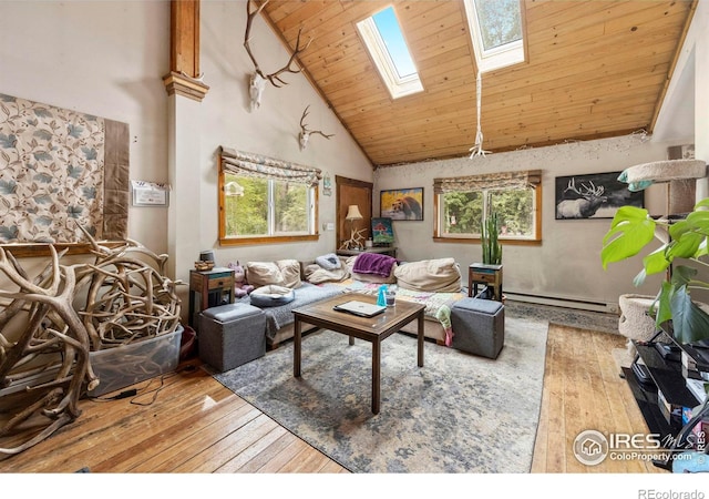 living room featuring high vaulted ceiling, a skylight, a healthy amount of sunlight, and wood ceiling