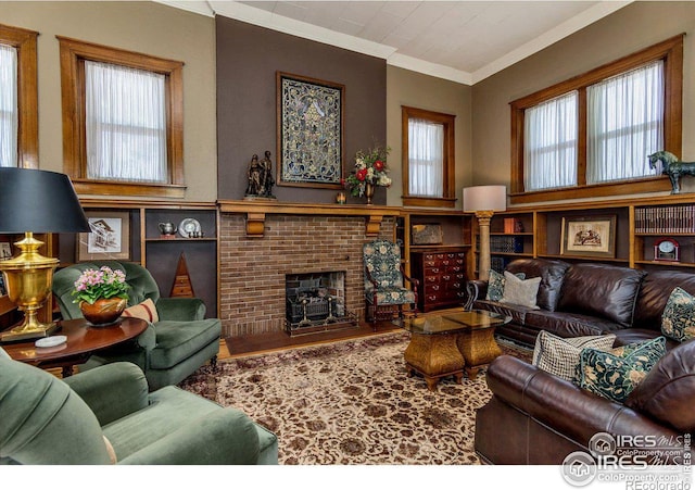 living room featuring wood-type flooring, ornamental molding, and a wealth of natural light