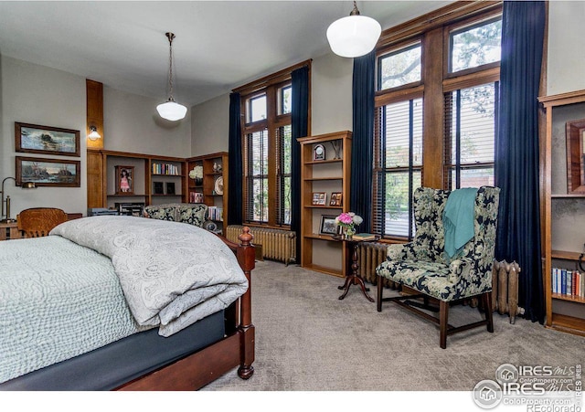 bedroom with multiple windows, radiator, and light colored carpet