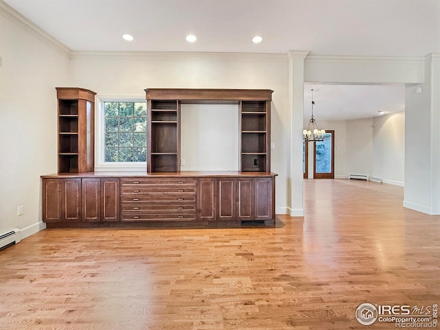 unfurnished living room featuring crown molding, a baseboard heating unit, a chandelier, and light hardwood / wood-style floors