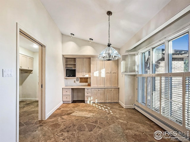 kitchen featuring built in desk, light brown cabinetry, lofted ceiling, hanging light fixtures, and baseboard heating