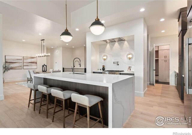 kitchen featuring light hardwood / wood-style floors, sink, light stone counters, an island with sink, and pendant lighting