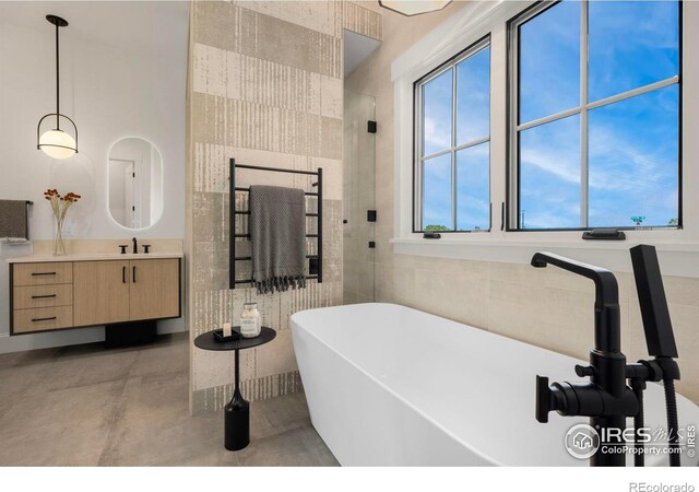 bathroom featuring a bathing tub, vanity, and a healthy amount of sunlight