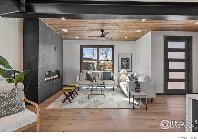 living room featuring a fireplace, ceiling fan, hardwood / wood-style floors, and wood ceiling